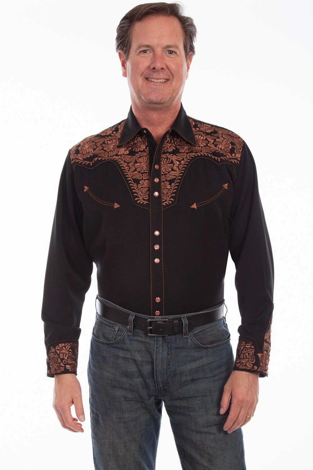 Versatile Style Affordable Fashion Scully Mens Shirt Western Black Poly Blend Floral Tooled Stitch L/S