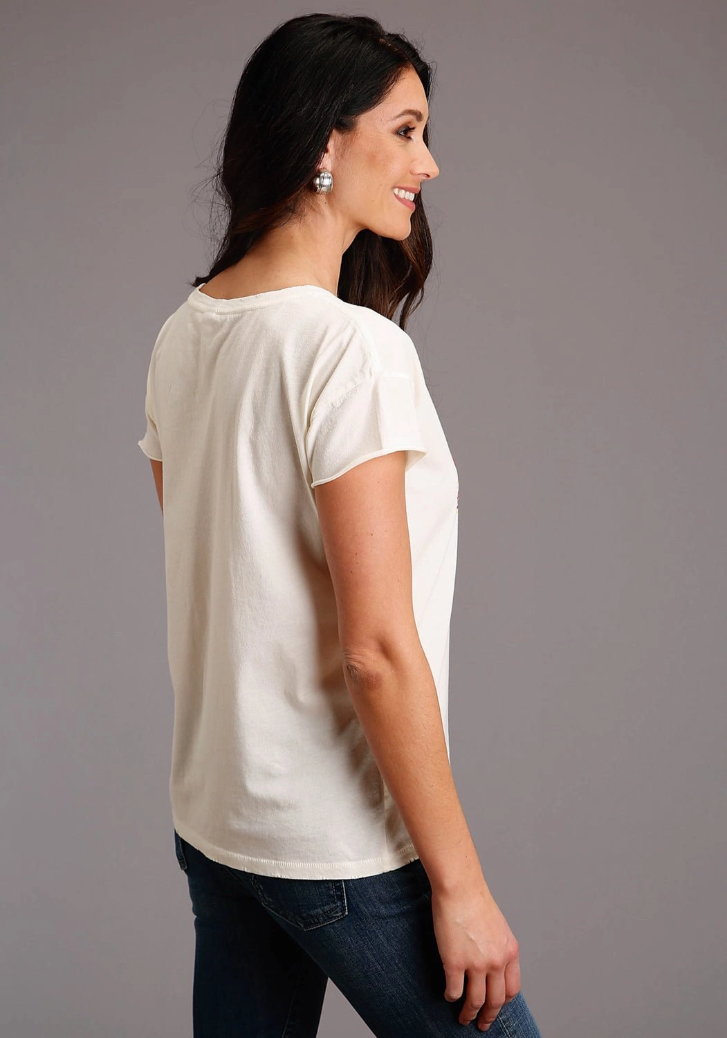 Stetson Womens White 100% Cotton Distressed Cowgirl S/S T-Shirt Water Repellent Finish Ergonomic Sleeve Cut