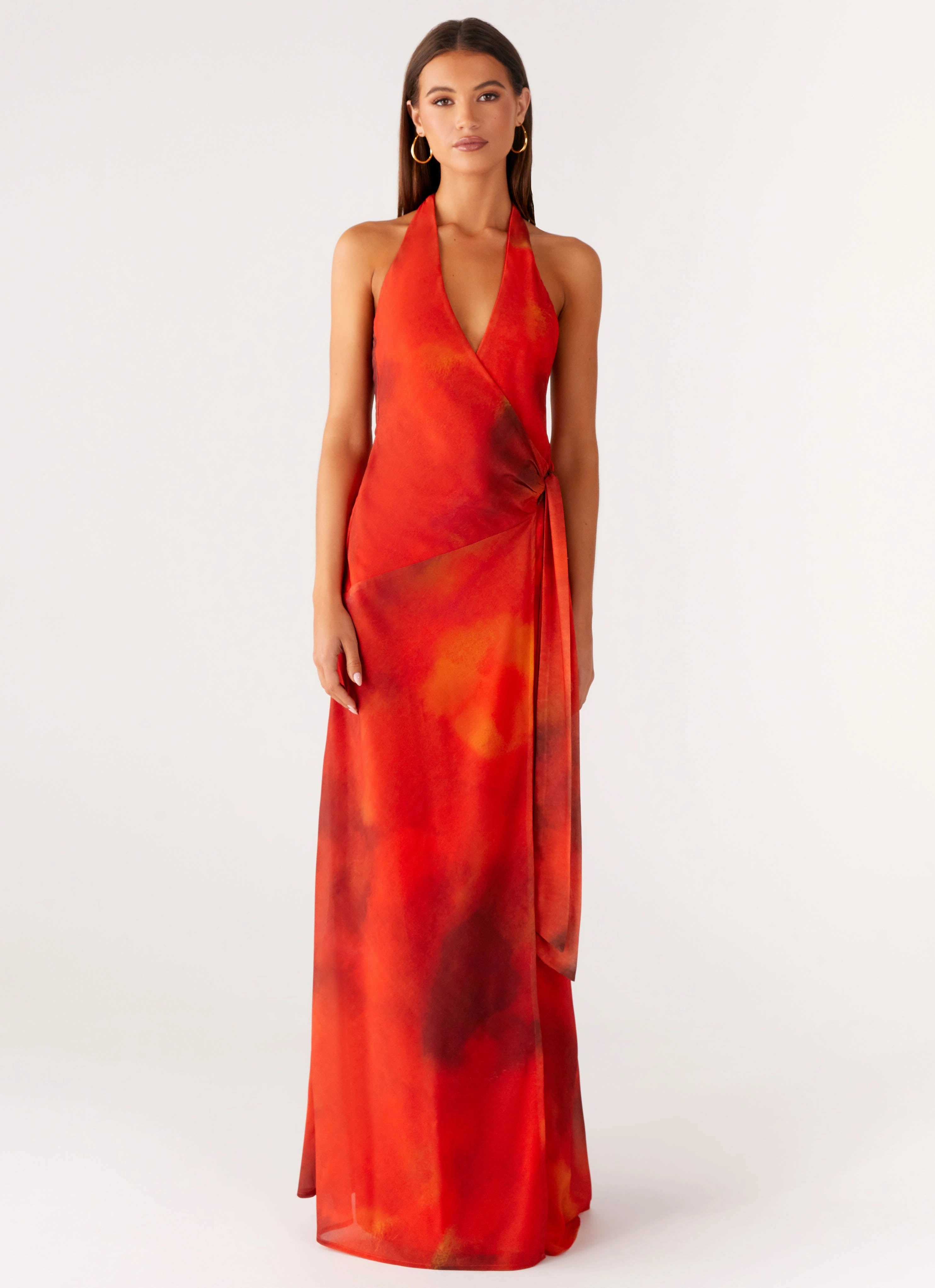 Button-Cuff High Neck So Chic Maxi Dress - Scarlet Blur