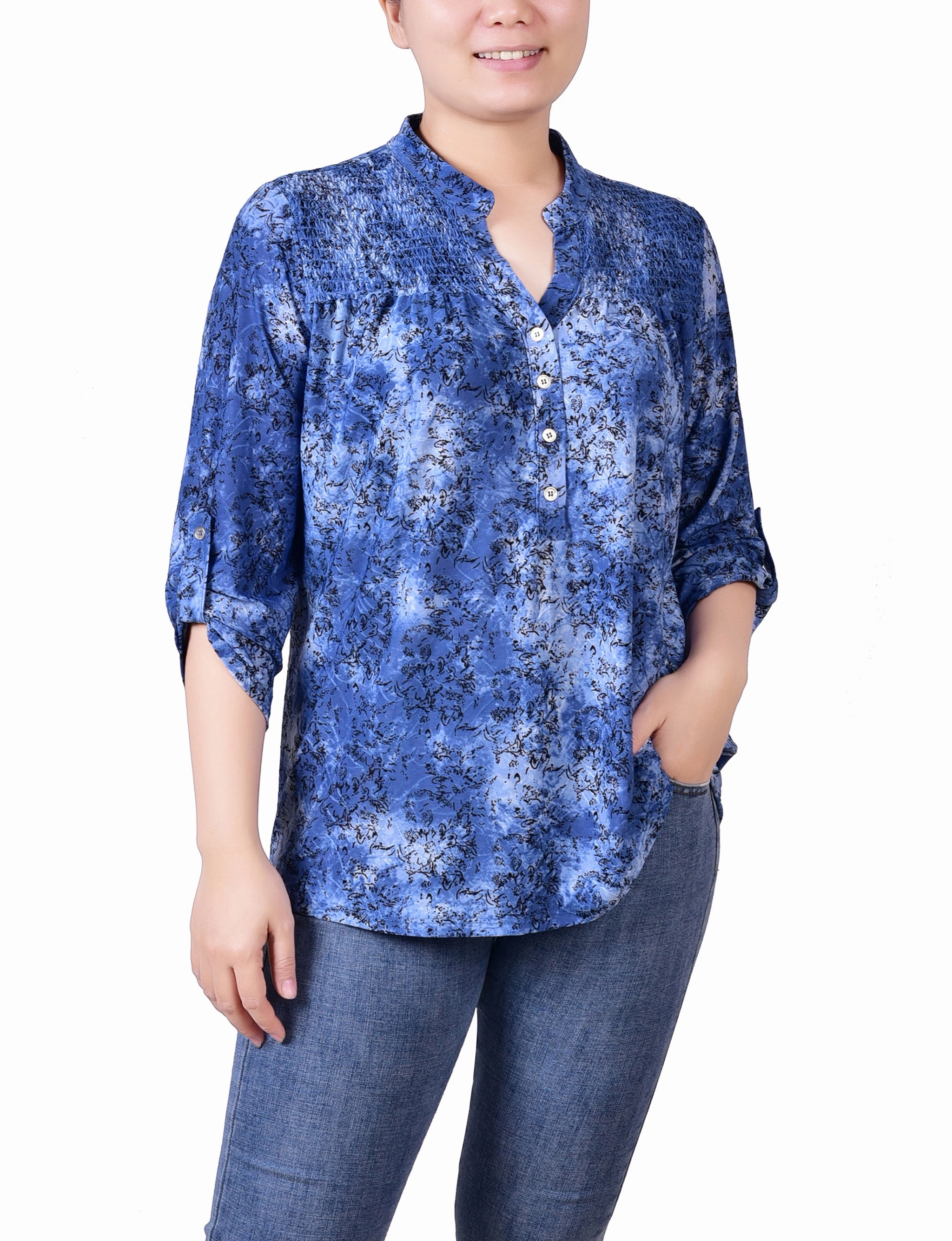 Petite 3/4 Roll Tab Sleeve Smocked-Yoke Top Outdoor Leisure Crisp Design