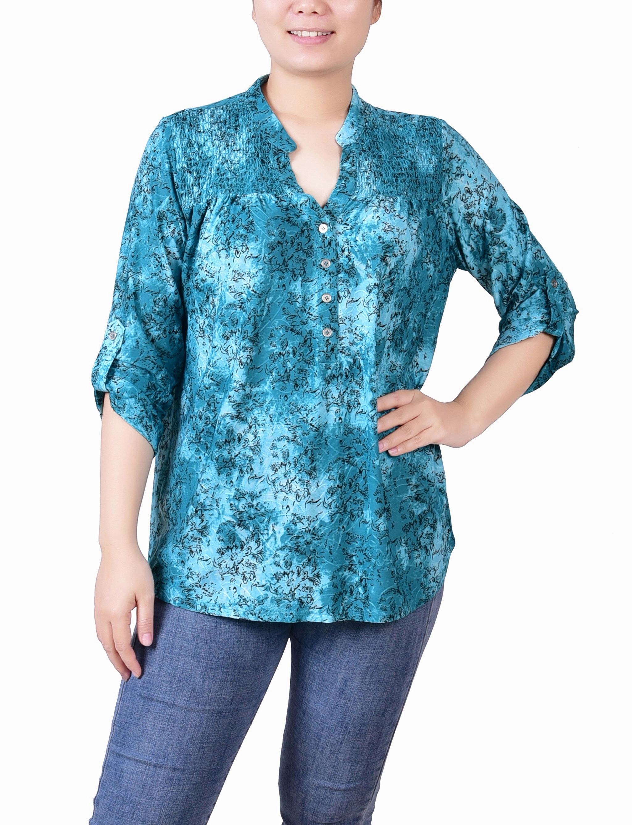 Petite 3/4 Roll Tab Sleeve Smocked-Yoke Top Urban Comforted Soft Texture