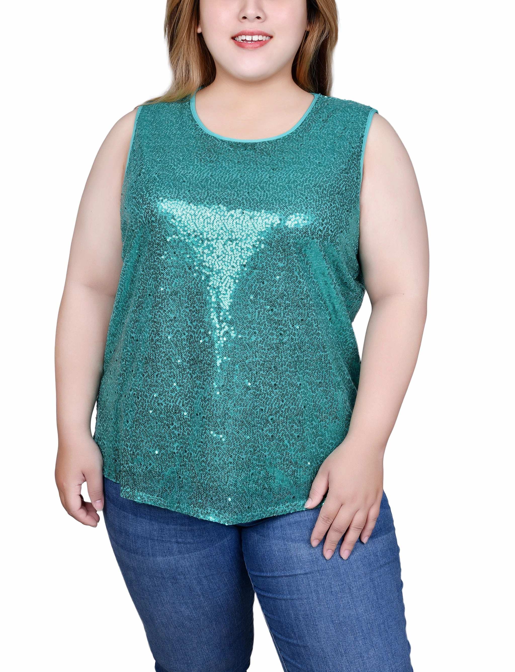 Fluid Fabric Halter-Neck Plus Size Sleeveless Sequined Tank Top With Combo Banding