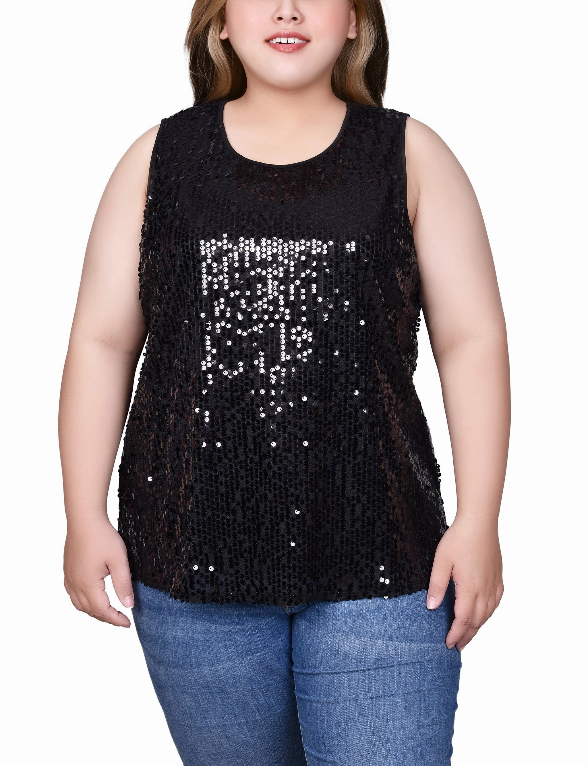 Plus Size Sleeveless Sequined Tank Top With Combo Banding Tall Girl