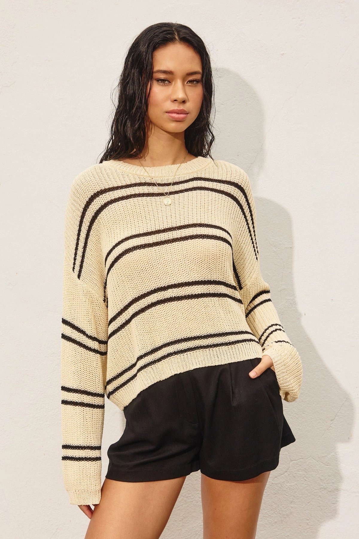 Premium Knitwear Double Stripe Knit Sweater - Ivory
