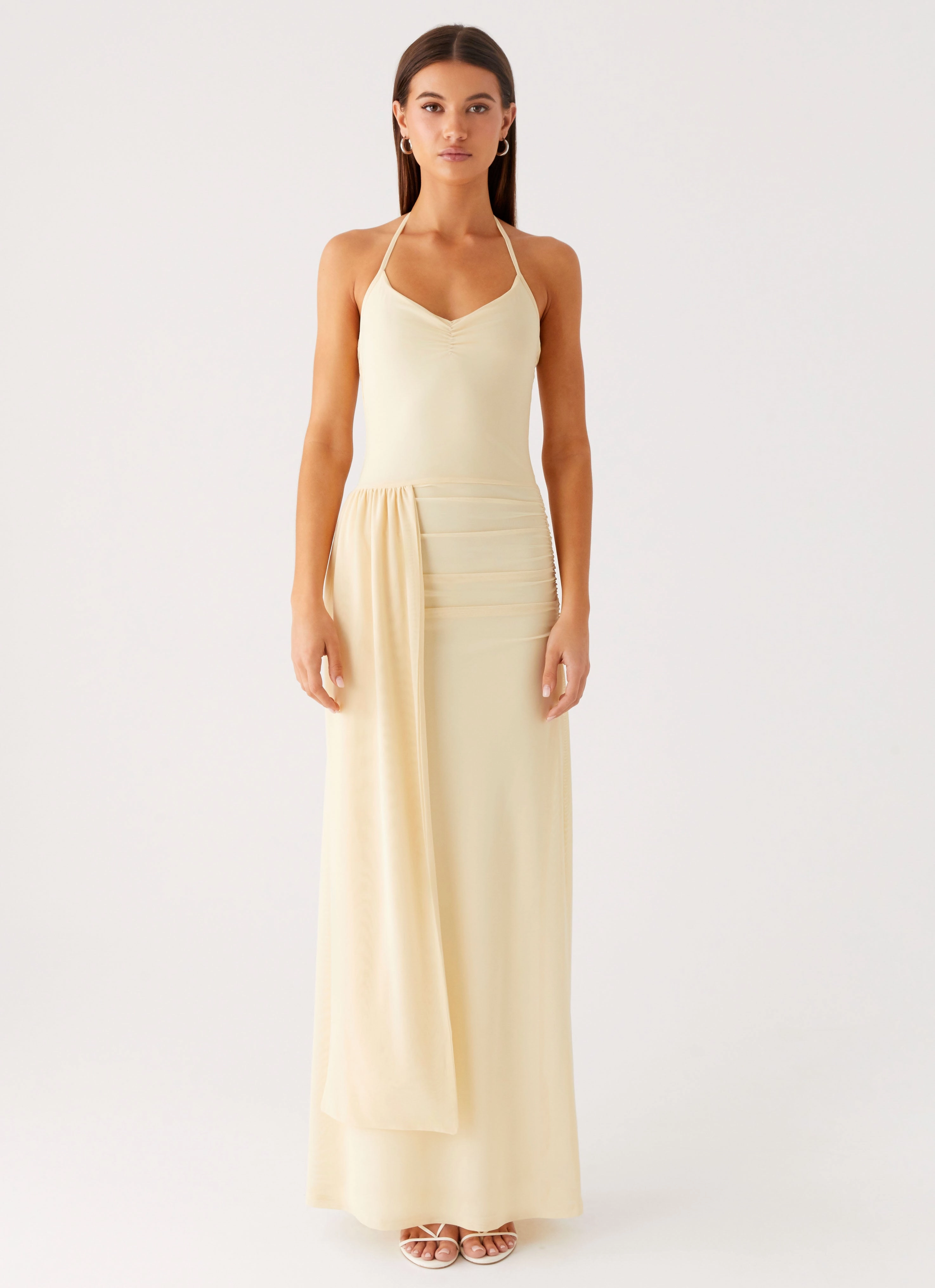 Pearl-Detail Signal Halter Maxi Dress - Sunny Yellow