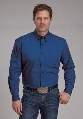 Monochrome Palette Lightweight Layer Roper Mens 2249 Black Fill Blue 100% Cotton 1 Pkt L/S Shirt