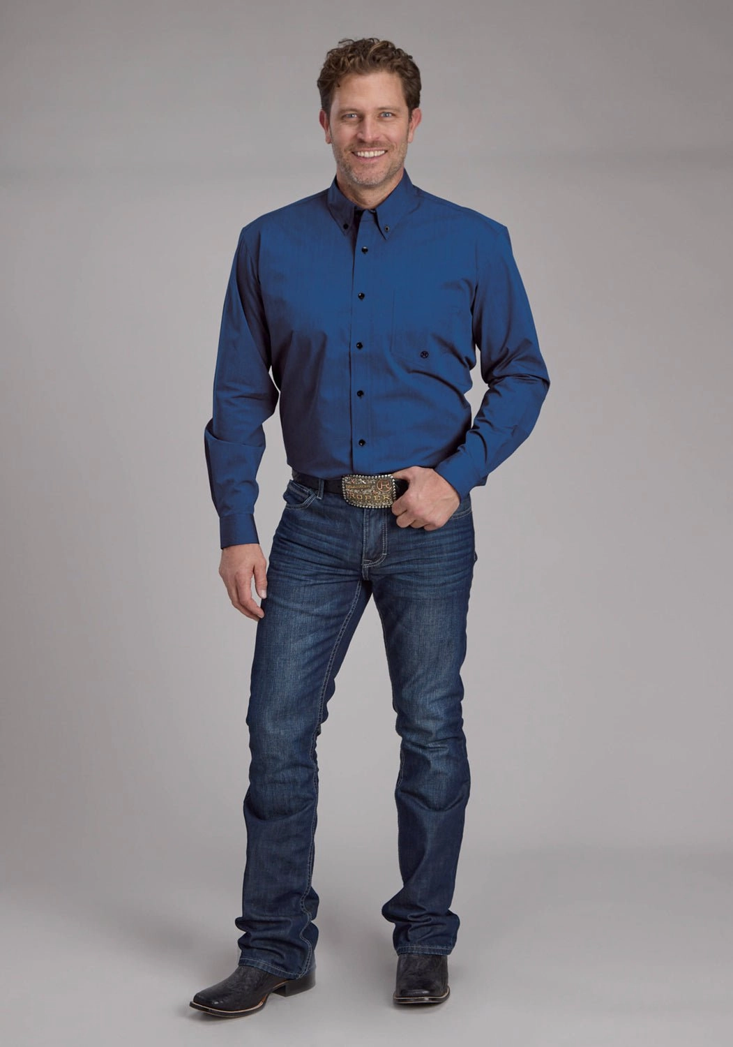 Roper Mens 2249 Black Fill Blue 100% Cotton 1 Pkt L/S Shirt Weekend Adventure