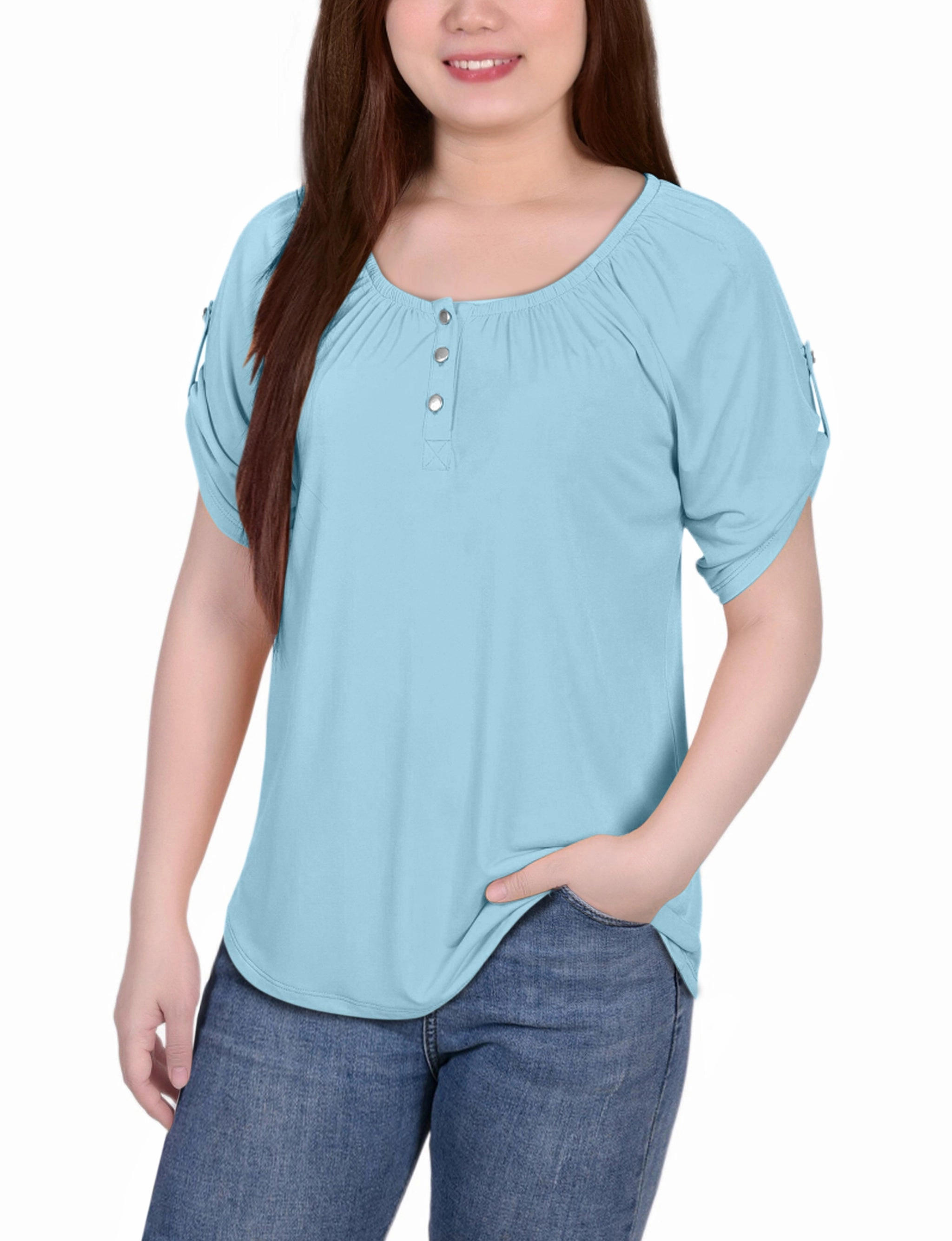 Circular Knit Petite Short Sleeve Round Neck Henley Top