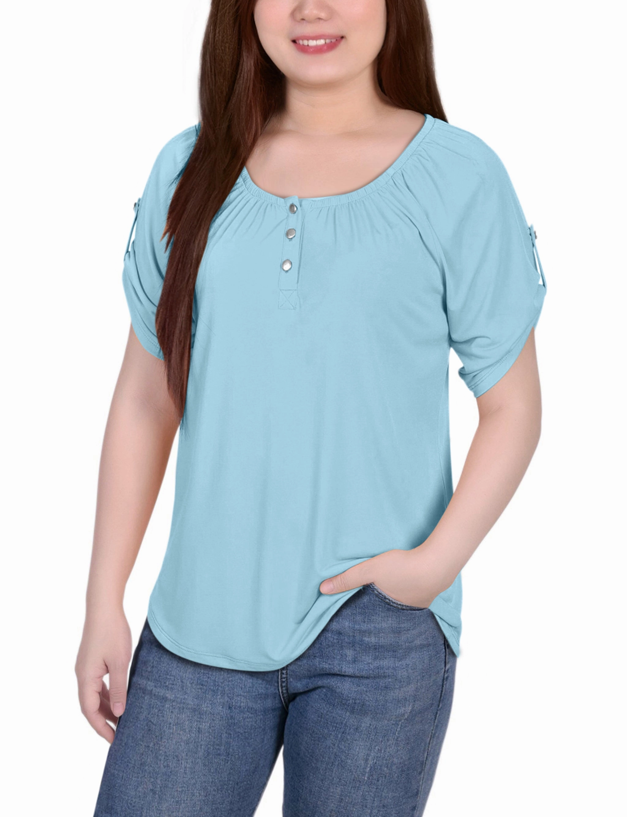 Petite Short Sleeve Round Neck Henley Top Double Layered Cuffs Loungewear Friendly