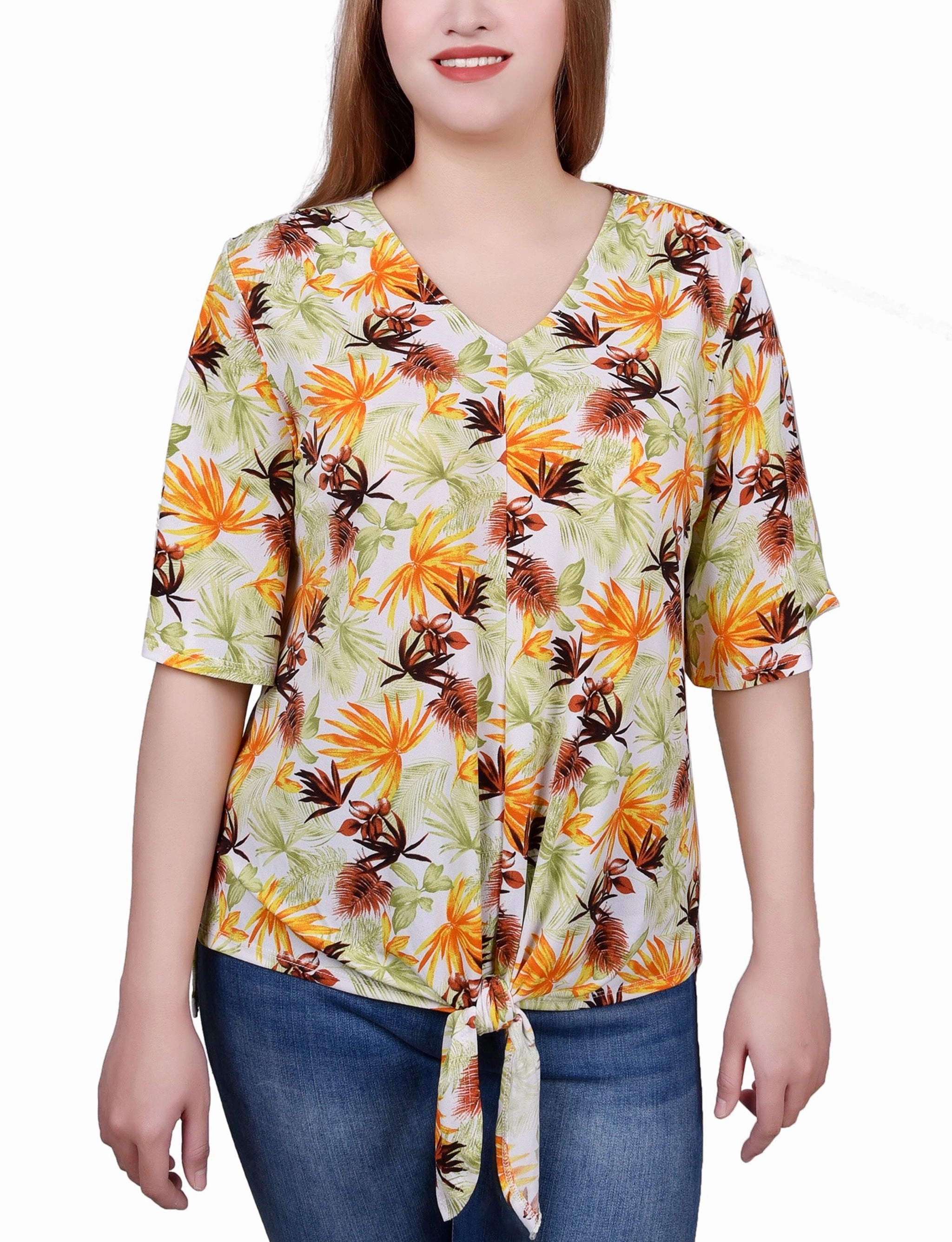 Elbow Sleeve Tie-Front Top Compression Fit Technology Office Friendly