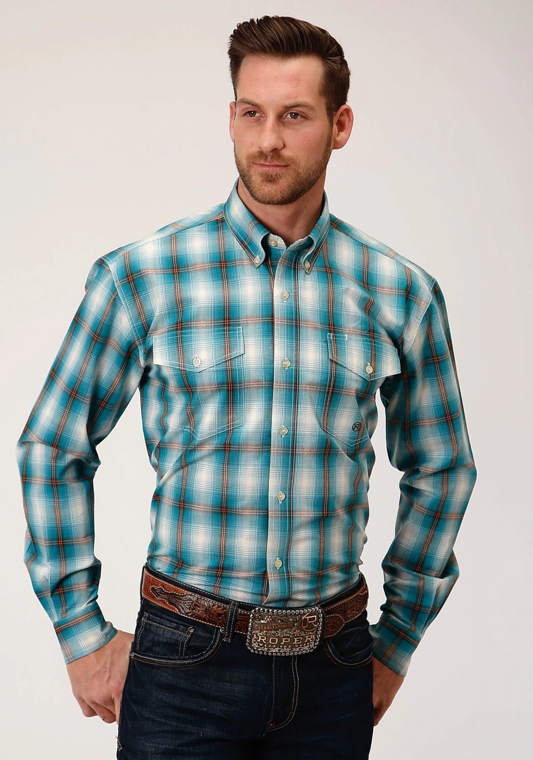 Subtle design Reinforced Elasticity Roper Mens Teal 100% Cotton Ombre BD L/S Tall Shirt