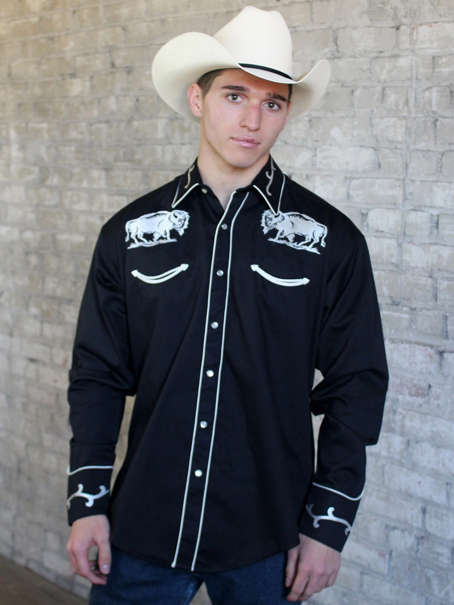 Soft Touch Rockmount Mens Black 100% Cotton Vintage Bison Western L/S Shirt