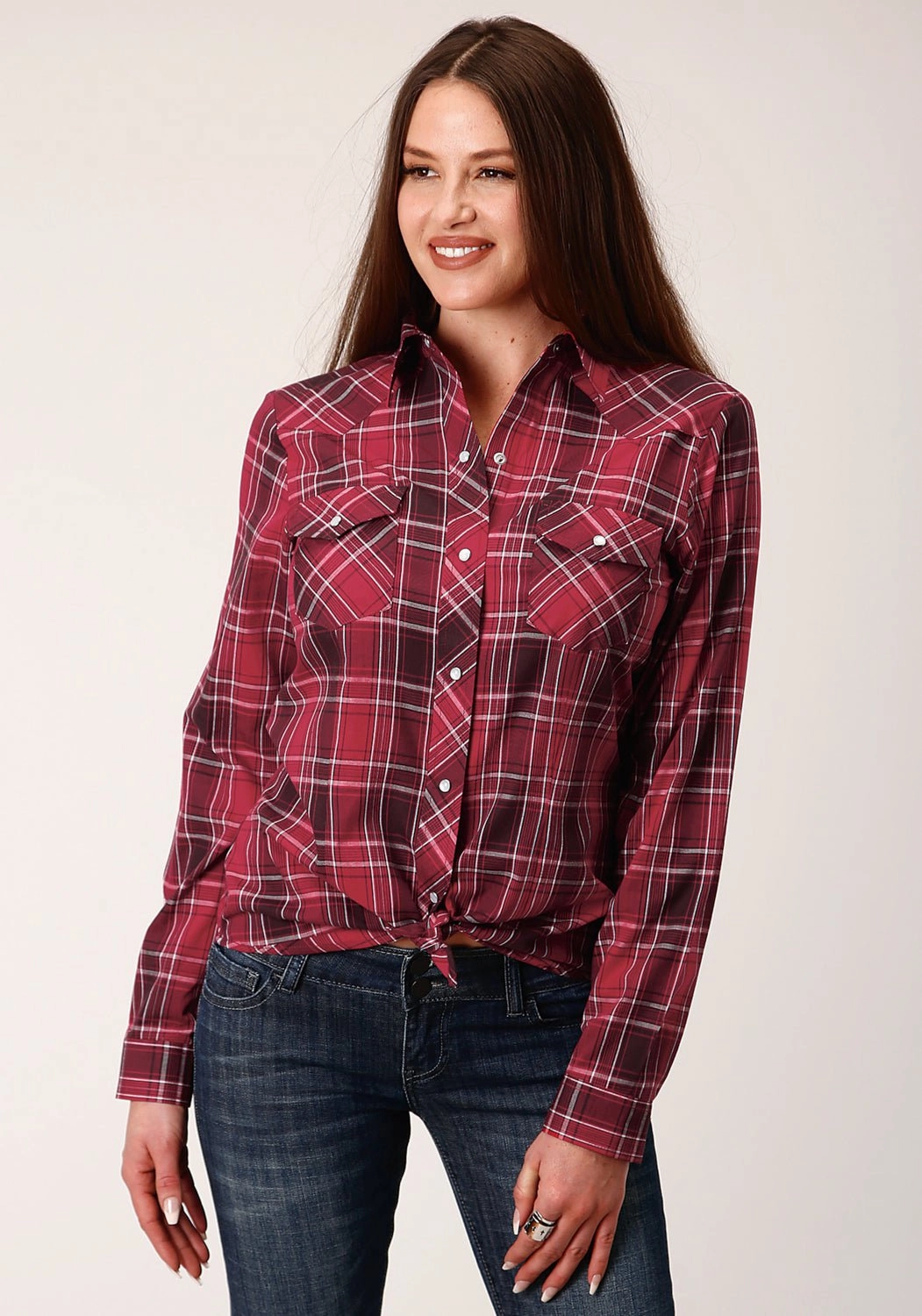 Roper Womens 820 Bright Plaid Red Cotton Blend L/S Shirt Neutral Toned Stitching All-day Comfort