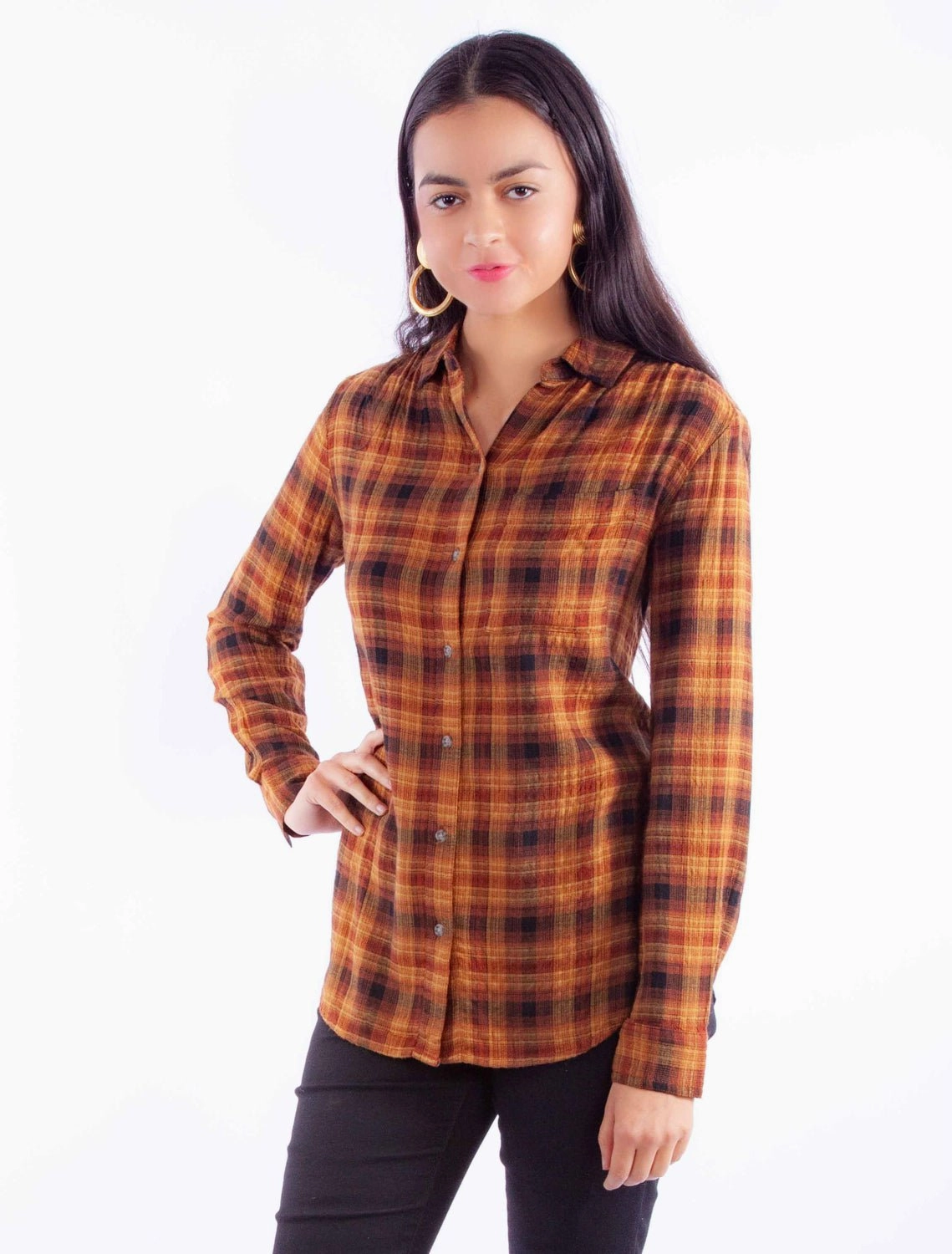 Scully Womens Seersucker Plaid Autumn Rayon Blend L/S Blouse Streamlined Design