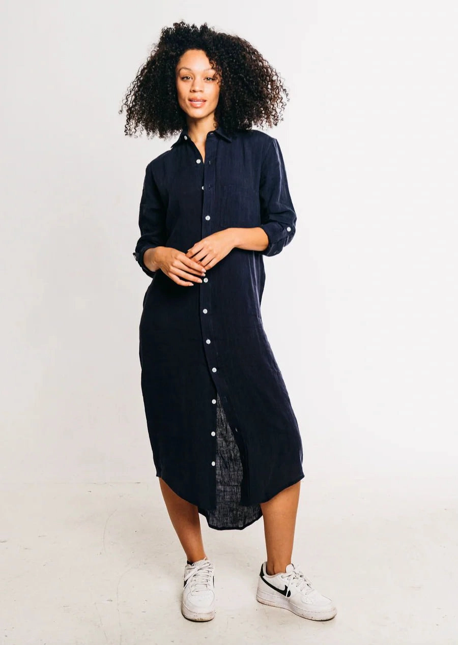 Girlfriend Midi Dress in Navy Linen Breathable