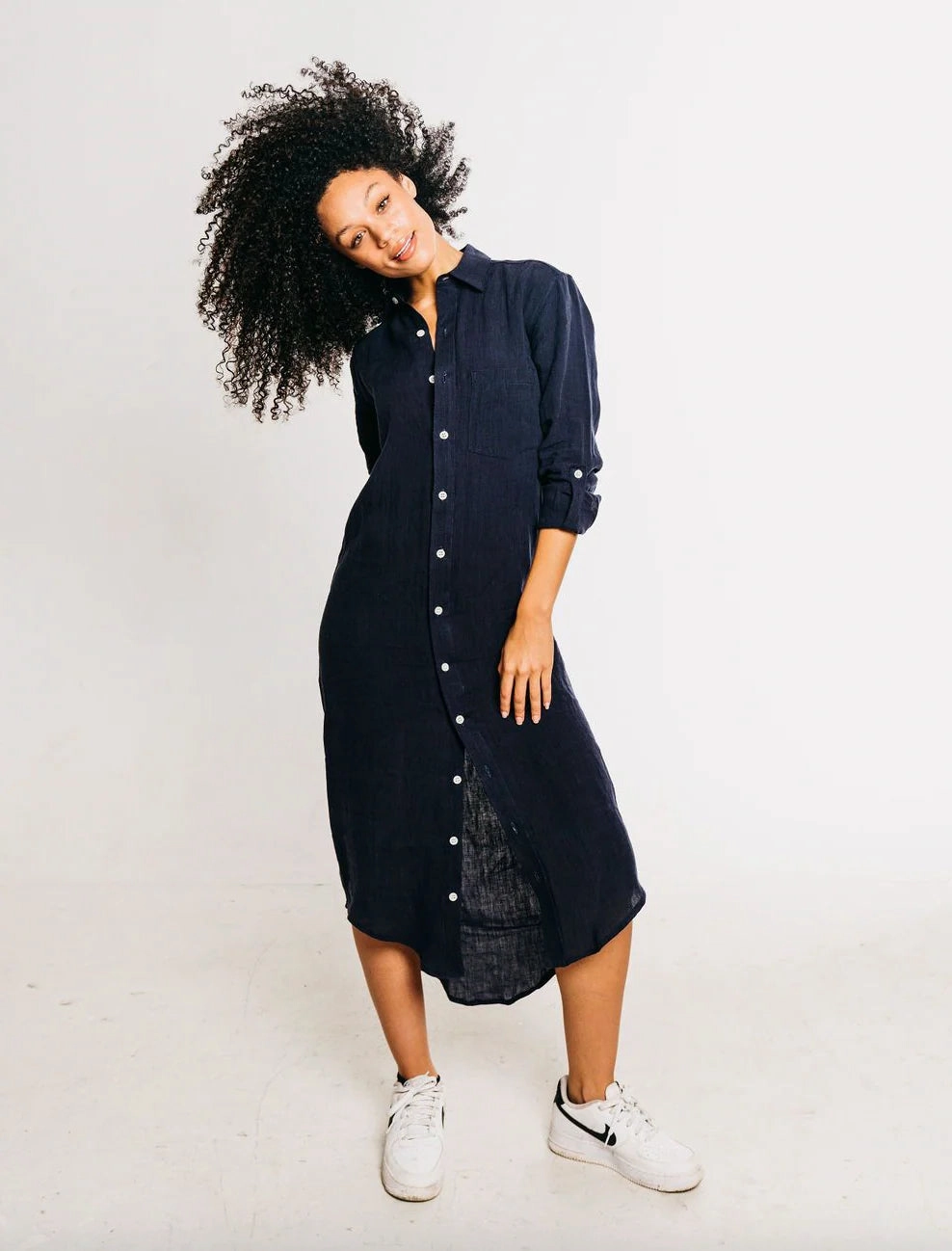 Girlfriend Midi Dress in Navy Linen Sophisticated Style Edgy Layers