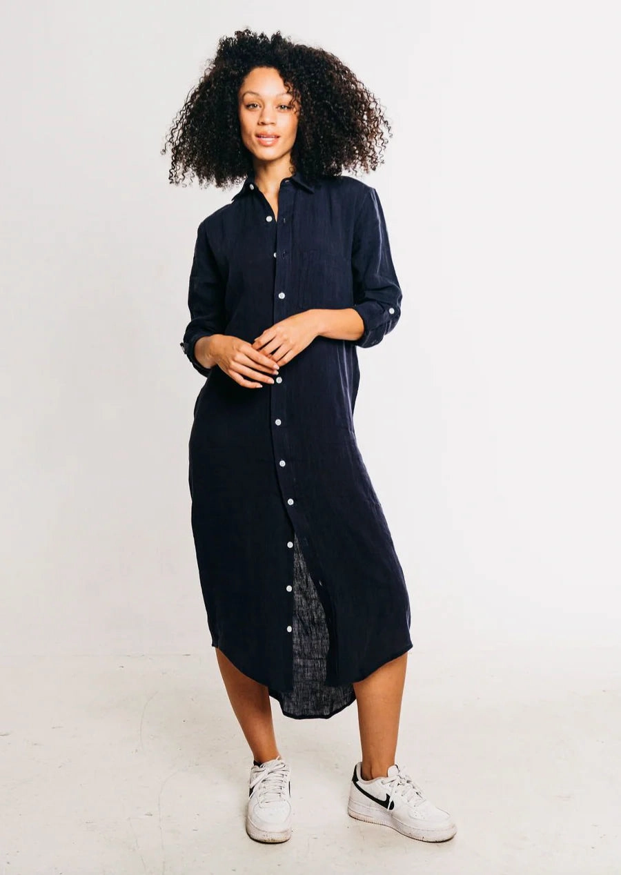 Eco-friendly Satin Layers Girlfriend Midi Dress in Navy Linen
