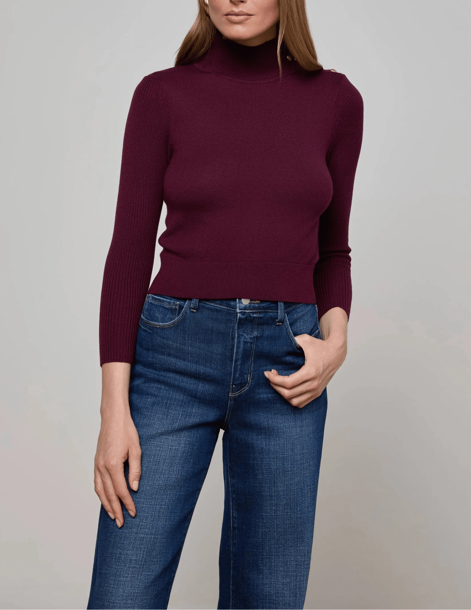 Stretchable Cuff Cold Comfort L'AGENCE Kamdyn Snap Button Mock Neck Sweater in Dark Port