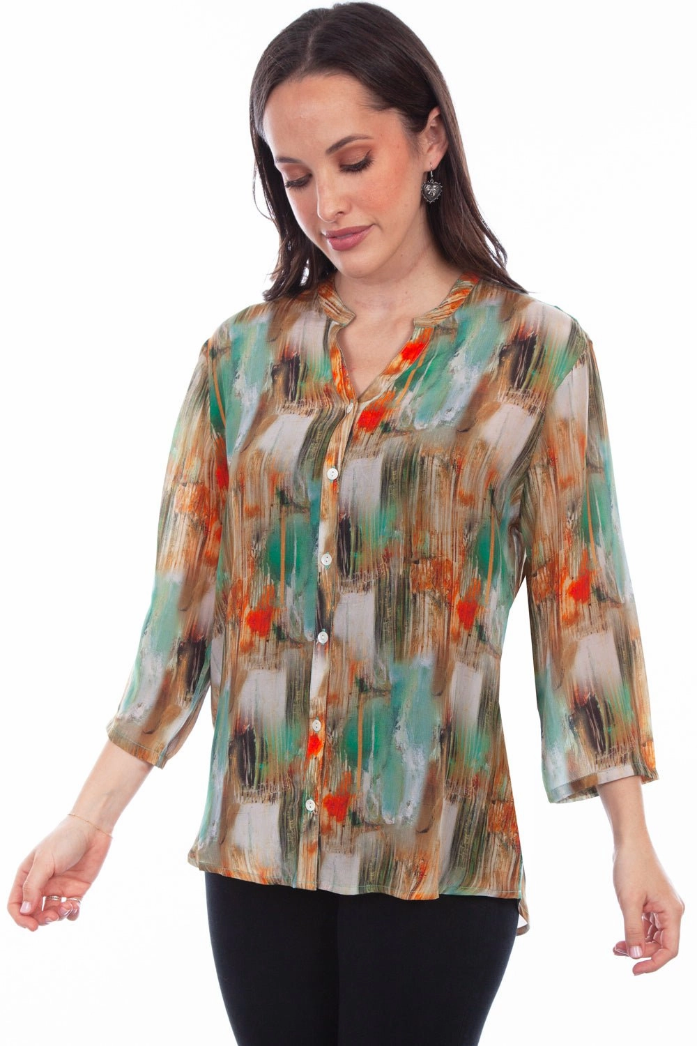 Vibrant Hue Scully Womens Turquoise Rayon Watercolor S/S Blouse