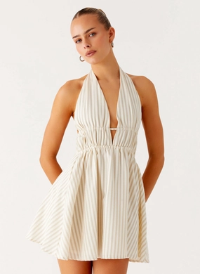 Figaro Halter Mini Dress - Taupe Stripe Soft Feel