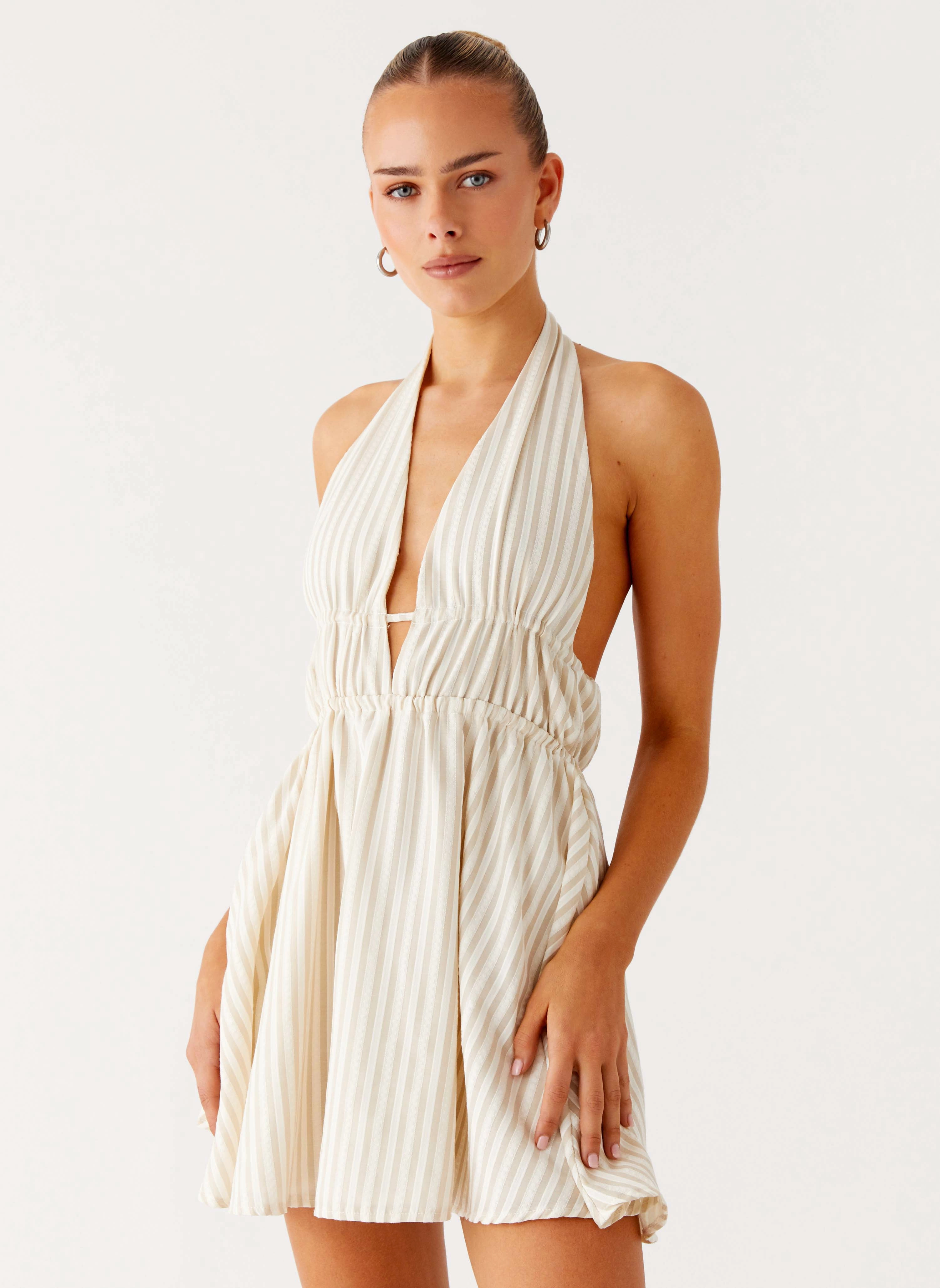 Figaro Halter Mini Dress - Taupe Stripe Beach Walk