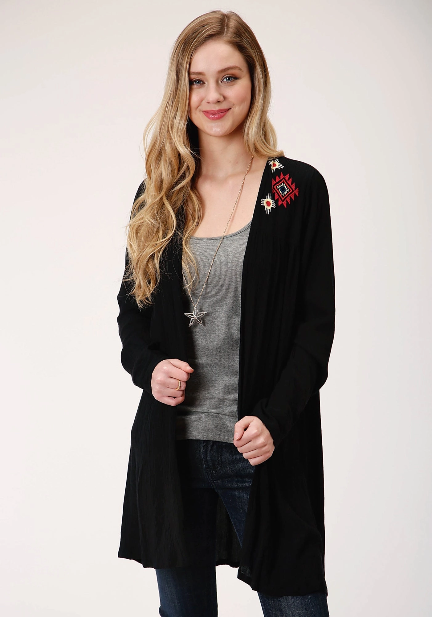 Roper Womens Black Rayon/Nylon Western Embroidery Cardigan Timeless Knitwear Versatile Knit