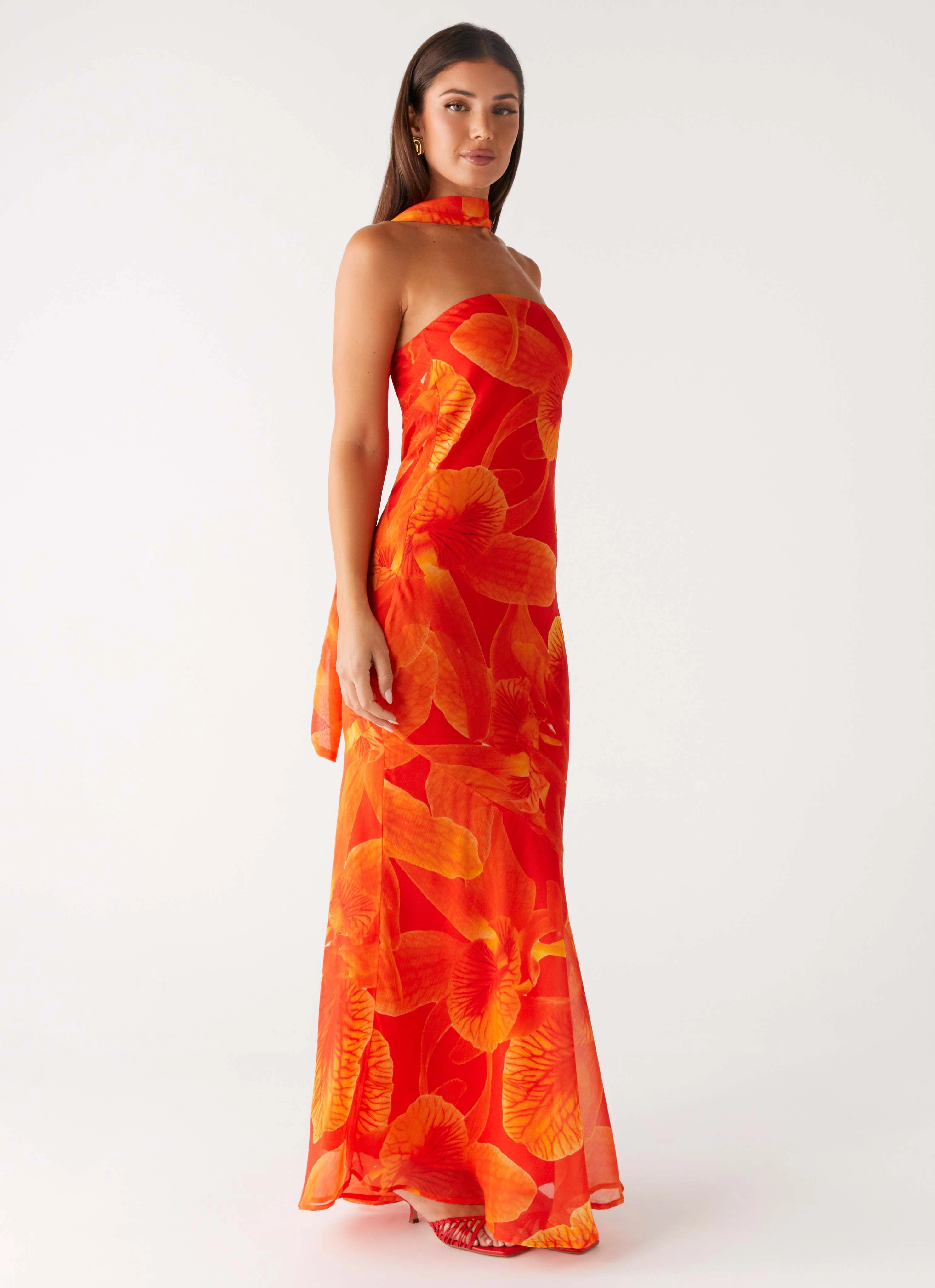 Under The Pagoda Maxi Dress - Orange Floral Clean Aesthetic Playful printed gown