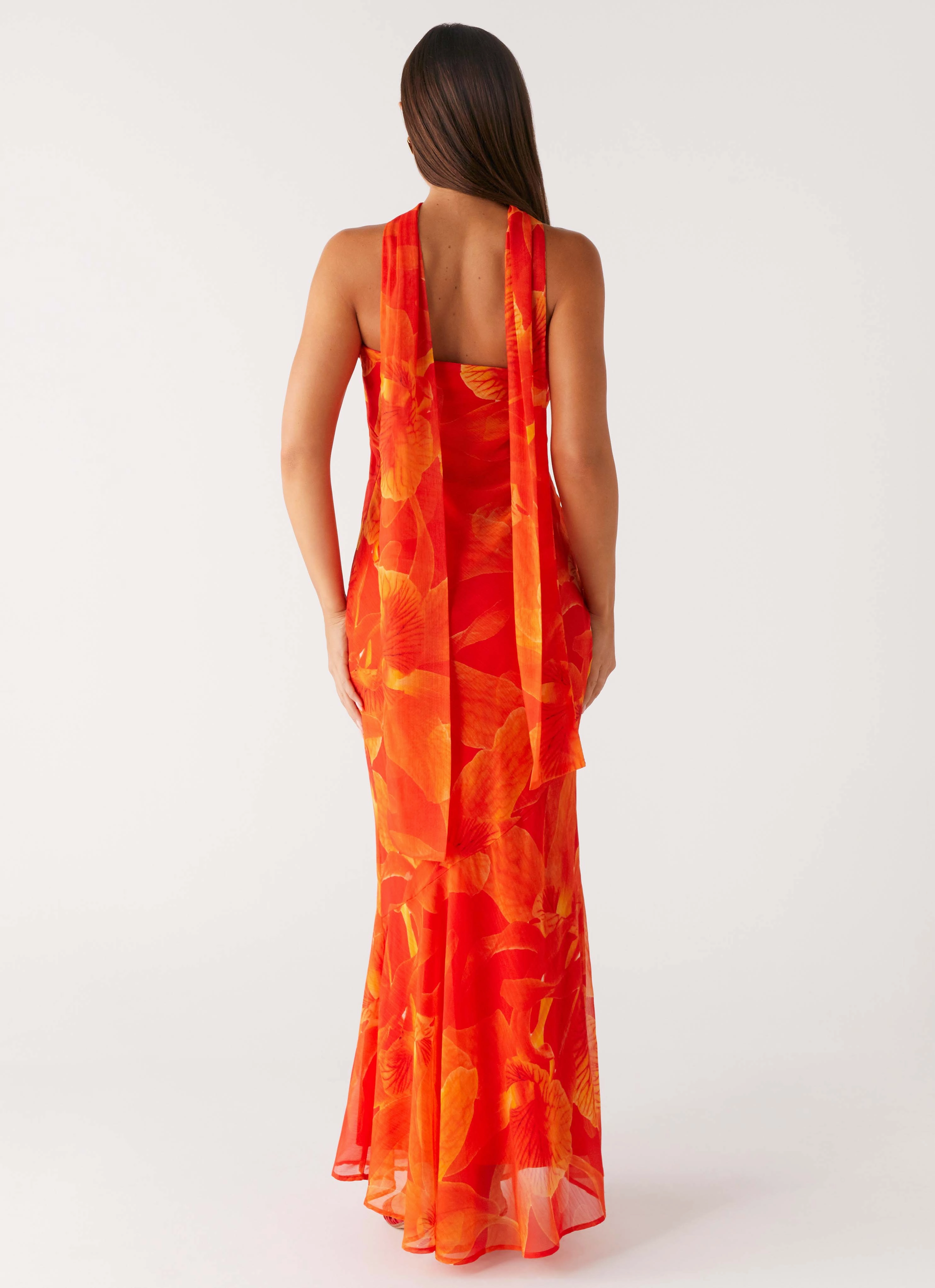 Under The Pagoda Maxi Dress - Orange Floral Indoor Event