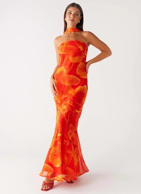 Light Wear Comfortable Design Under The Pagoda Maxi Dress - Orange Floral