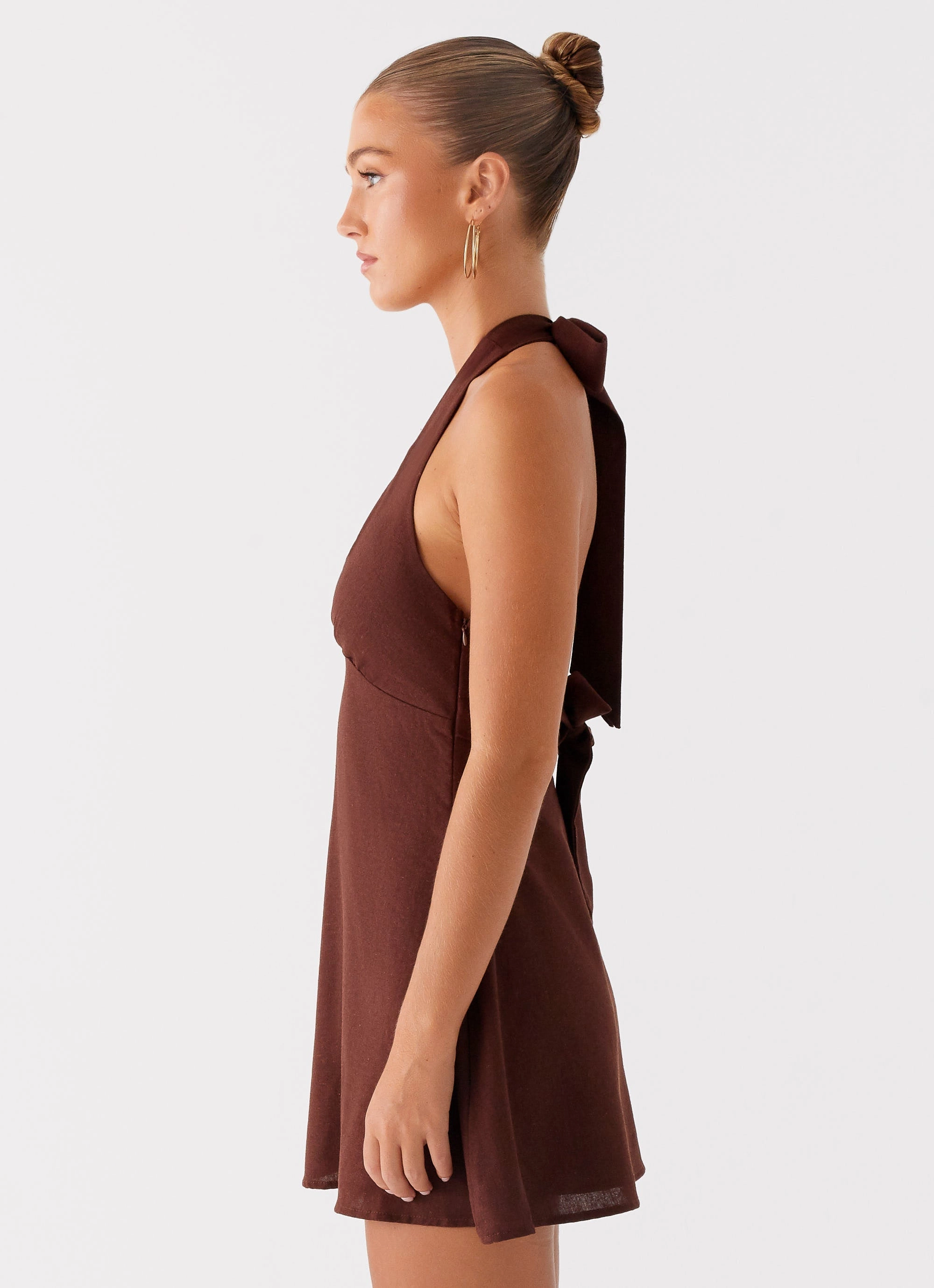 Rose Flush Heavy Hearted Linen Mini Dress - Brown