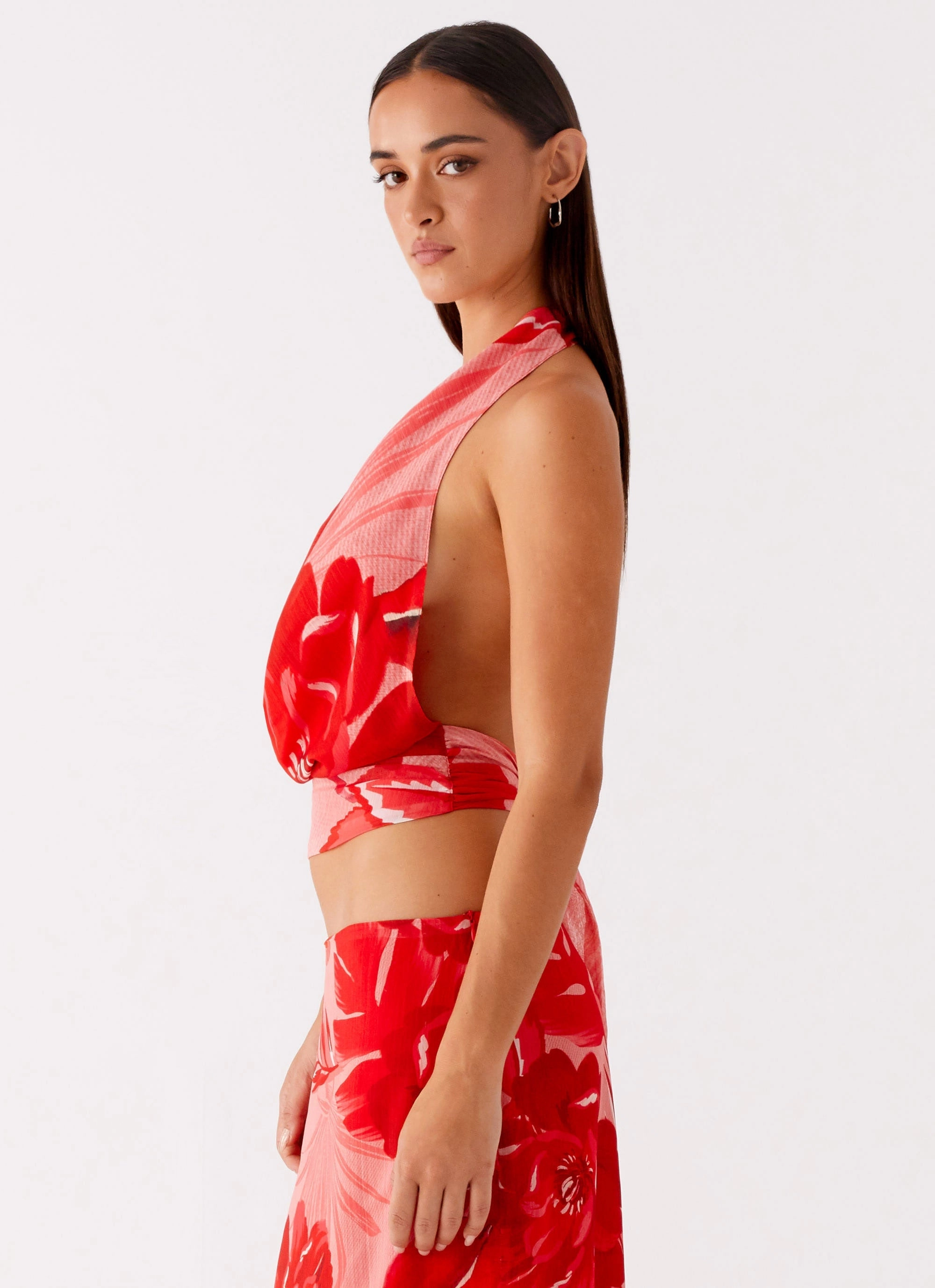 Soren Halter Top - Sicily Sunsets Print MultiPocket Design Stretch Knit Fabric