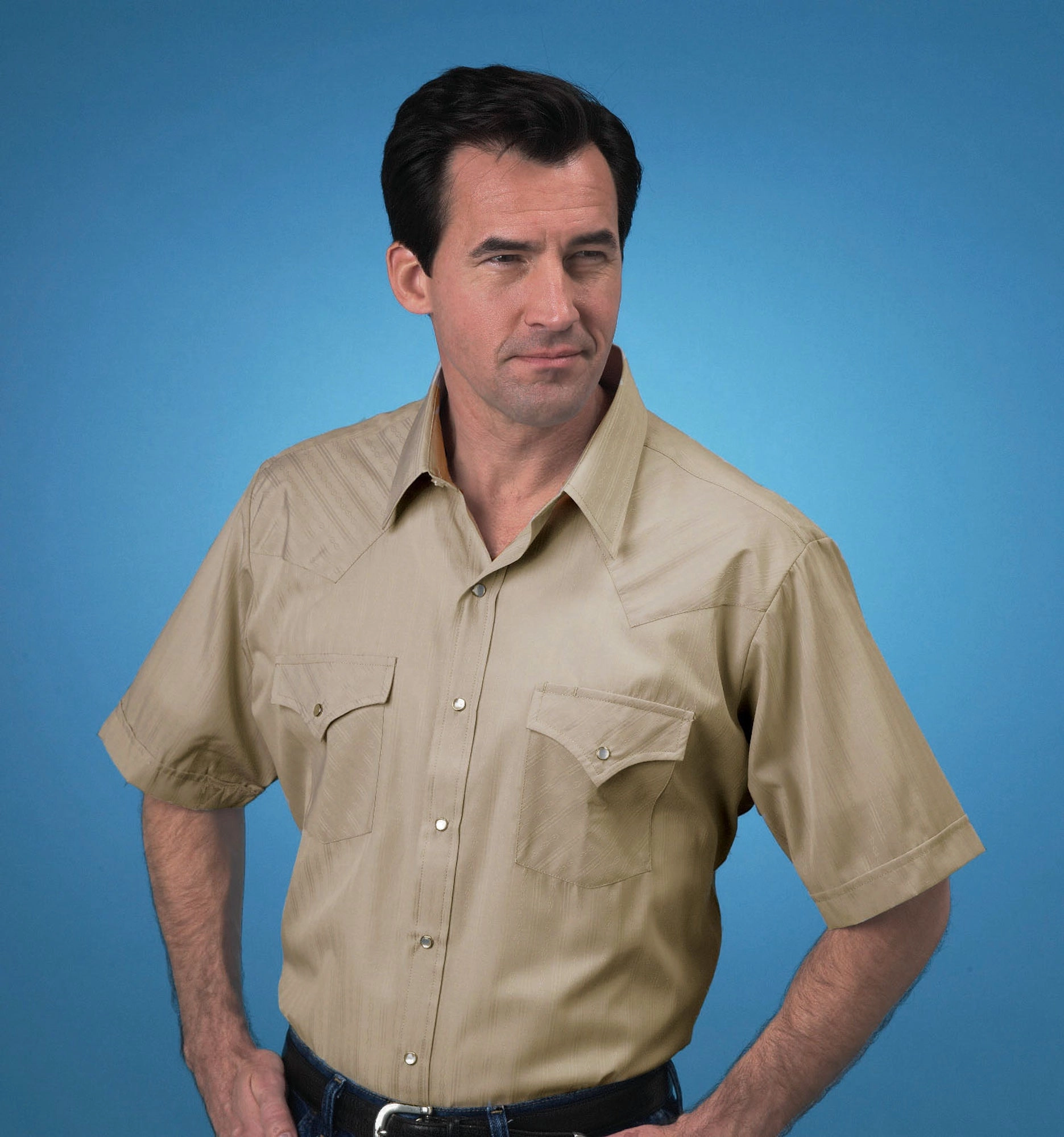 Ely & Walker Mens Tone on Tone Khaki Western Shirt S/S Poly/Cotton Wedding guest