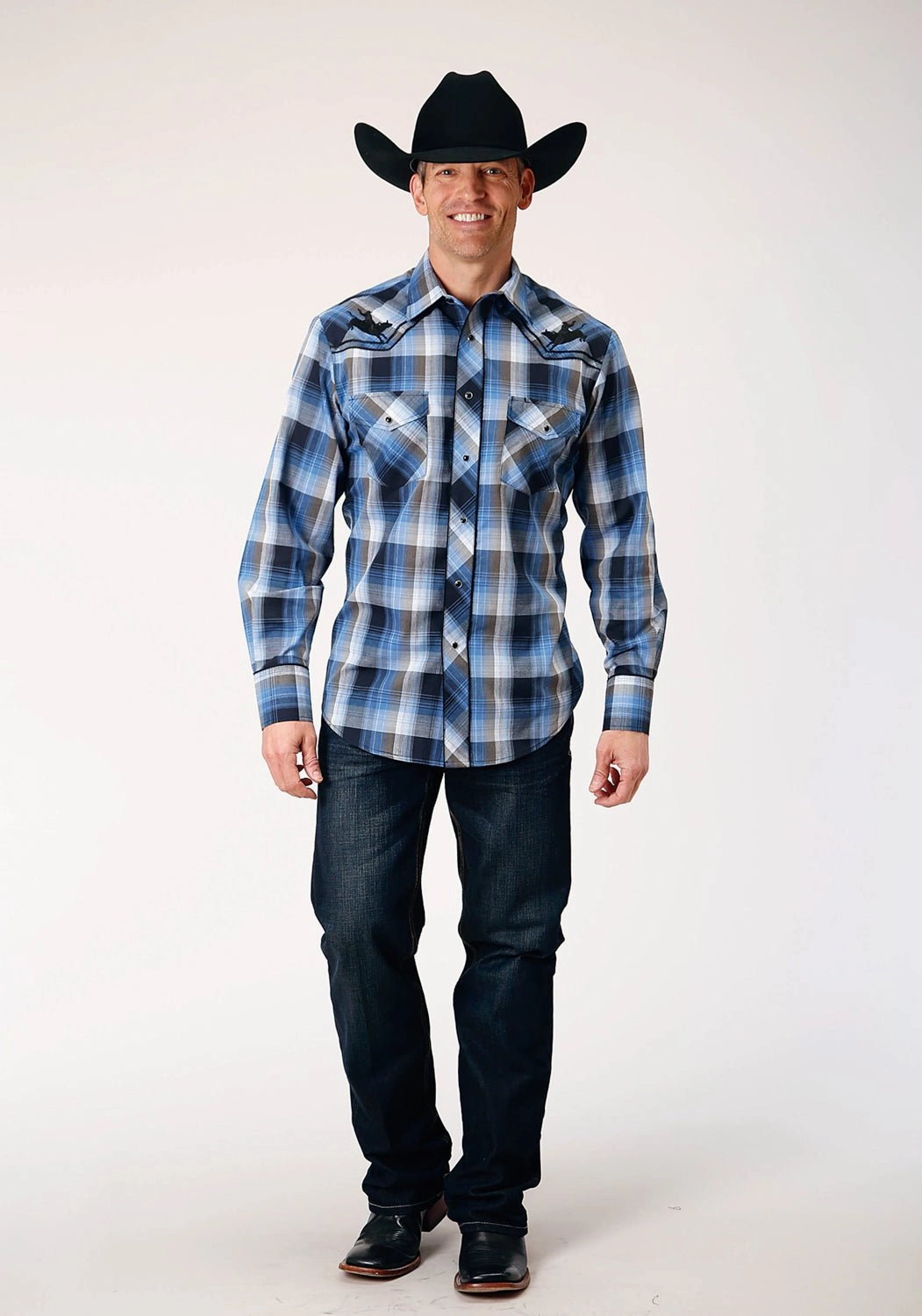 Versatile Clothing Everyday Wear Roper Mens White Plaid Blue Cotton Blend L/S Shirt