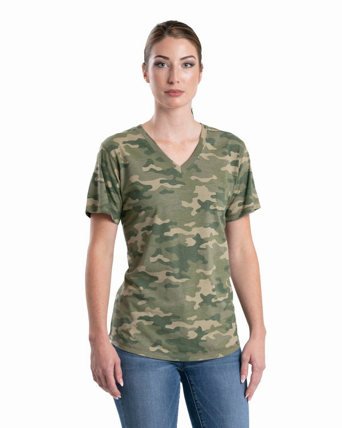 Daytime Look Berne Womens Performance V-Neck Forest Camo Cotton Blend S/S T-Shirt