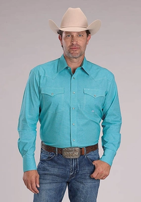 Quick Release Cuffs Roper Mens 2510 Stretch Mini Check Turquoise Cotton Blend L/S Shirt