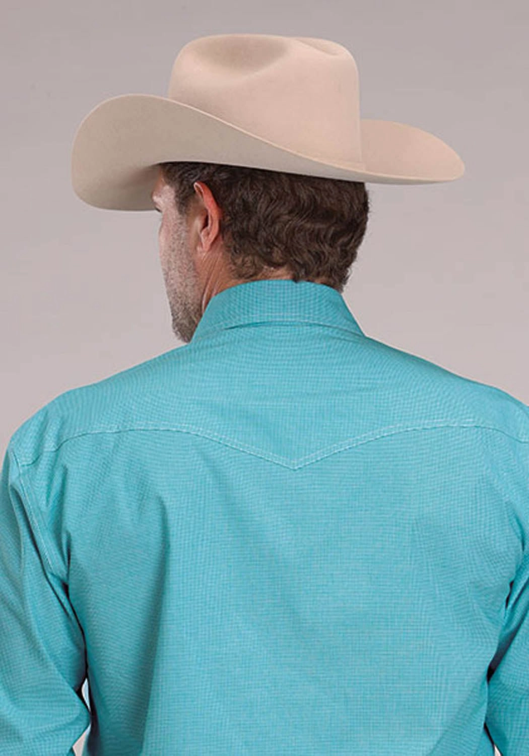 Roper Mens 2510 Stretch Mini Check Turquoise Cotton Blend L/S Shirt Anti Static Fabric V-Neck