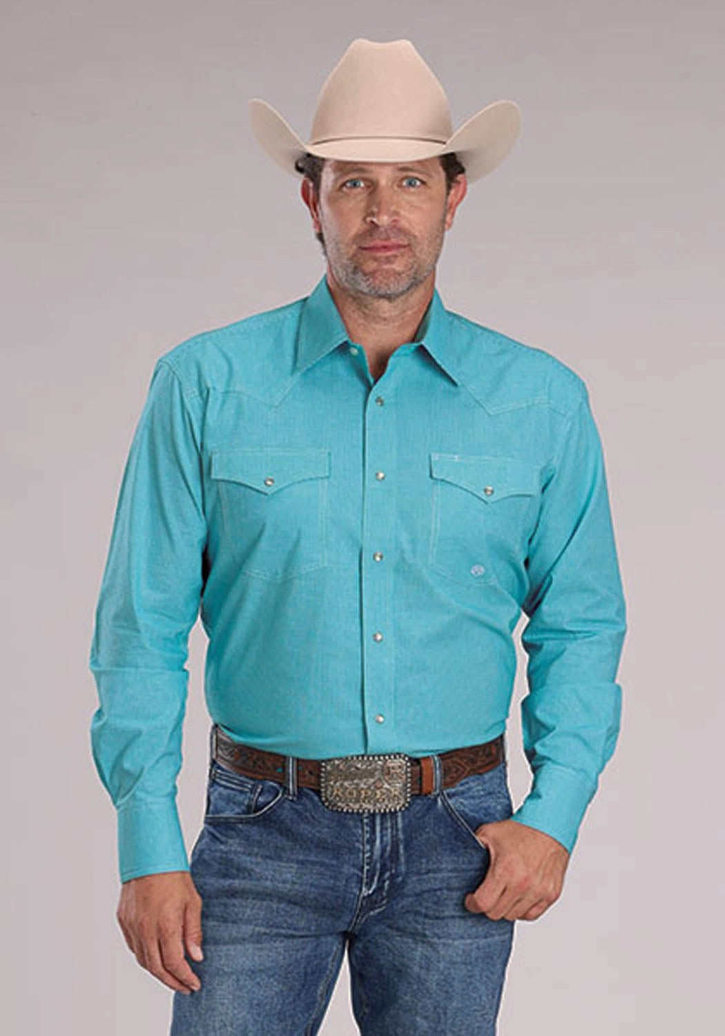 Flexible Material Roper Mens 2510 Stretch Mini Check Turquoise Cotton Blend L/S Shirt