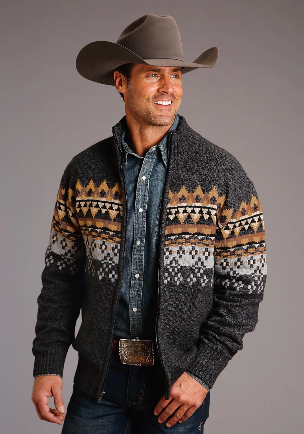 Boho chic Stetson Mens Grey Multi Cotton/Wool Aztec Pattern Cardigan