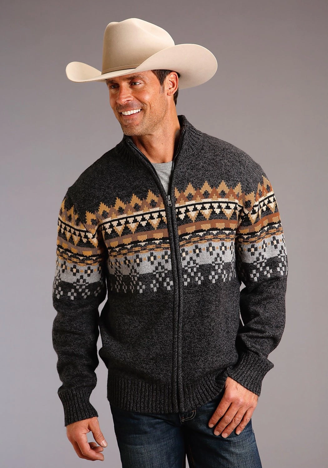 Fitted Shape Stetson Mens Grey Multi Cotton/Wool Aztec Pattern Cardigan