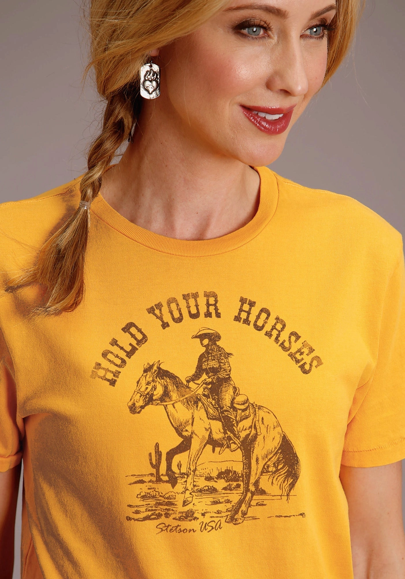 Stetson Womens Yellow 100% Cotton Hold Your Horses S/S T-Shirt Geometric Shape