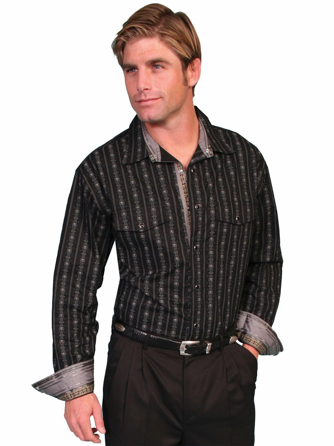 Scully Western Mens Black 100% Cotton L/S Skull Stripe Western Shirt Reinforced Elbow Patches