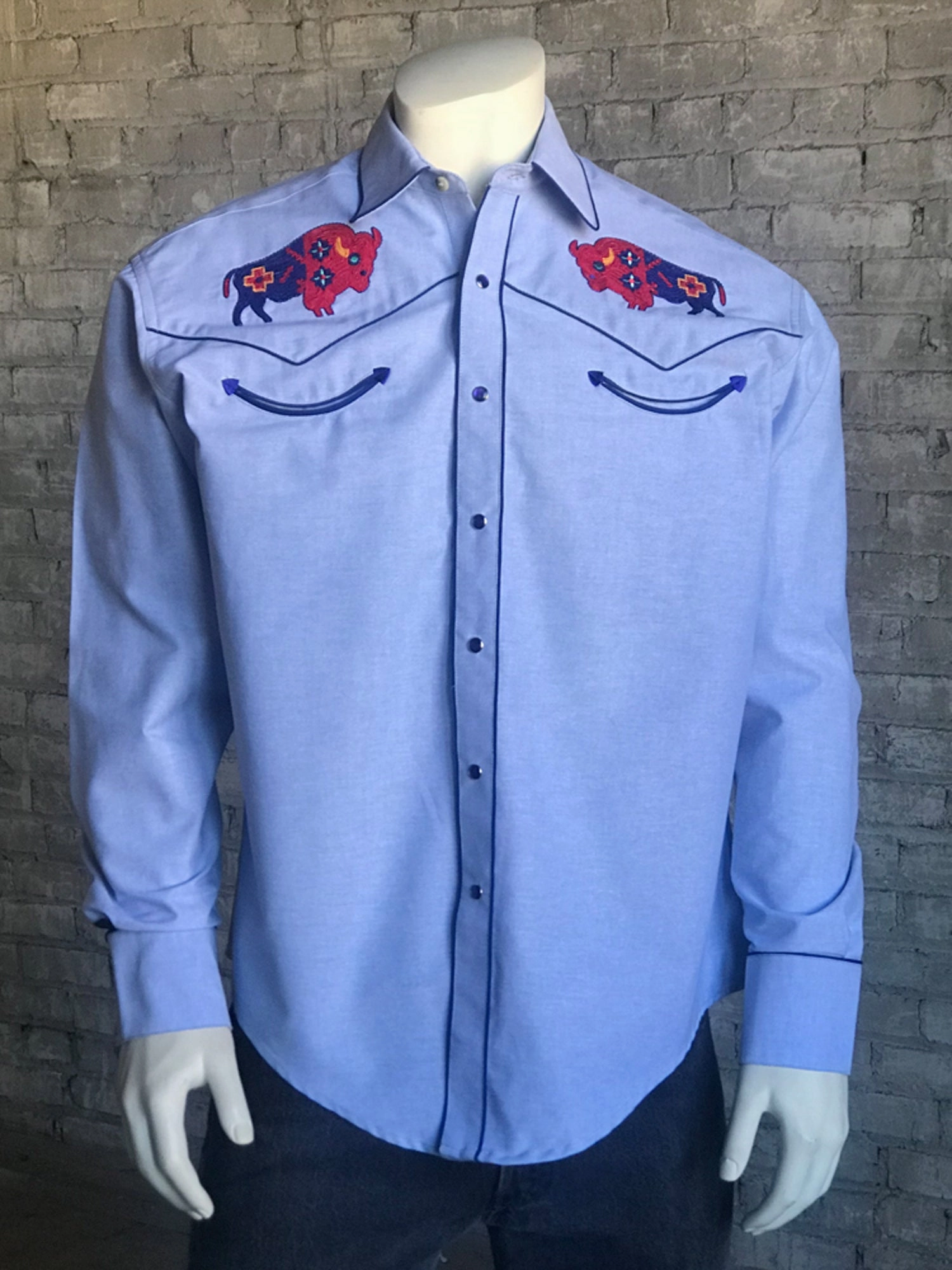 Rockmount Mens Chambray 100% Cotton American Bison Western L/S Shirt Bold Pattern Stylish Element