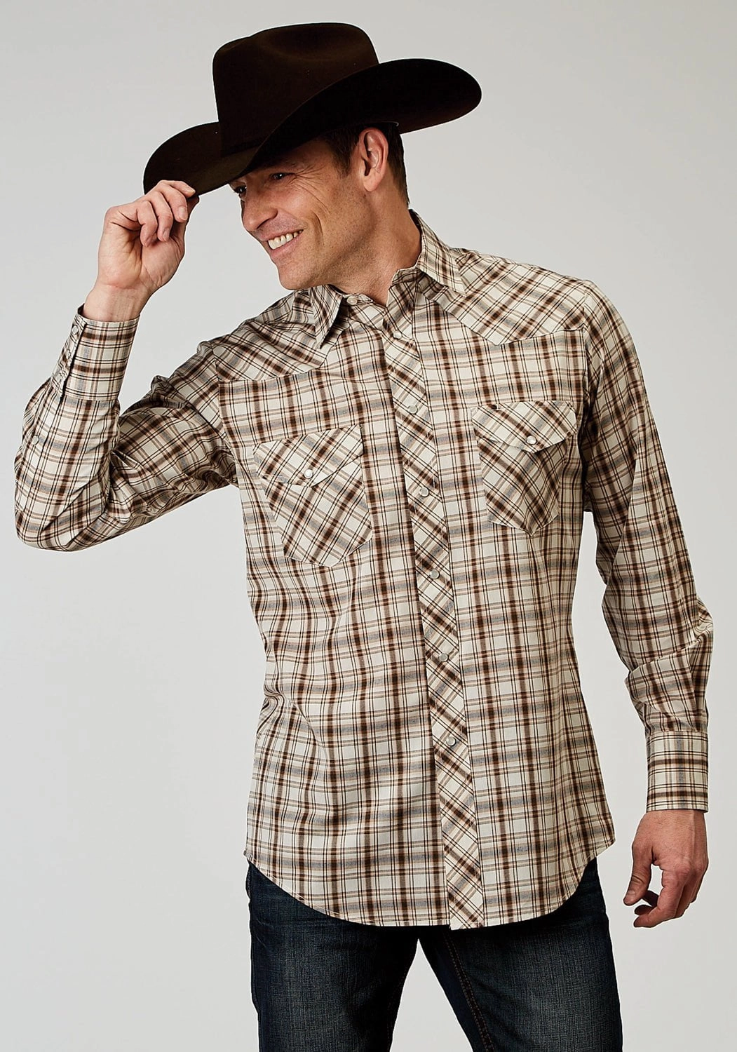 Comfort-First Roper Mens 1968 Desert Plaid Brown Cotton Blend L/S Shirt