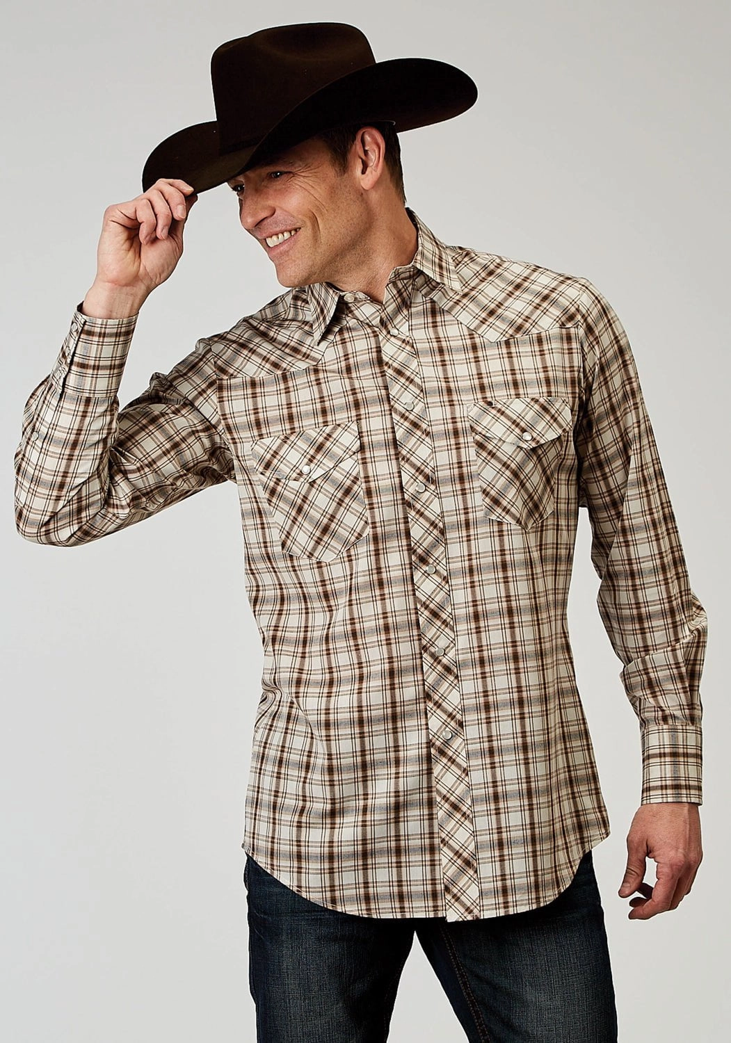 Roper Mens 1968 Desert Plaid Brown Cotton Blend L/S Shirt Comfort First Fit Loose Comfort