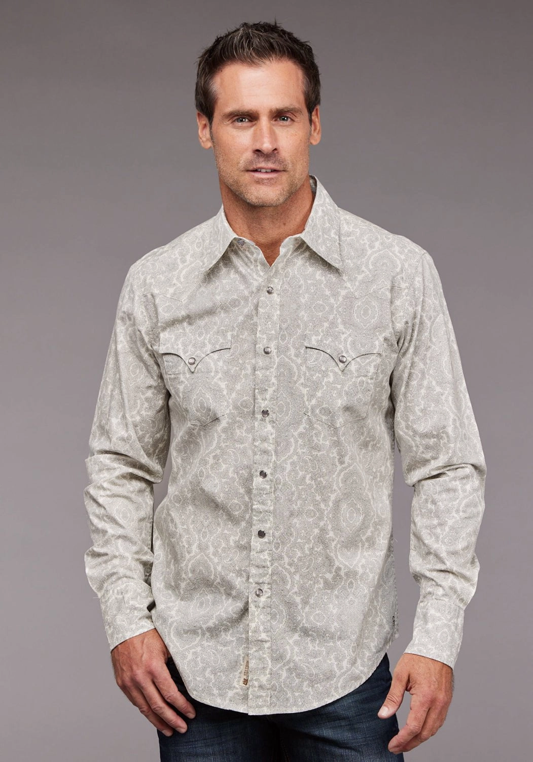 Stetson Mens Silver Filagree Grey 100% Cotton L/S Shirt Durable Fabric