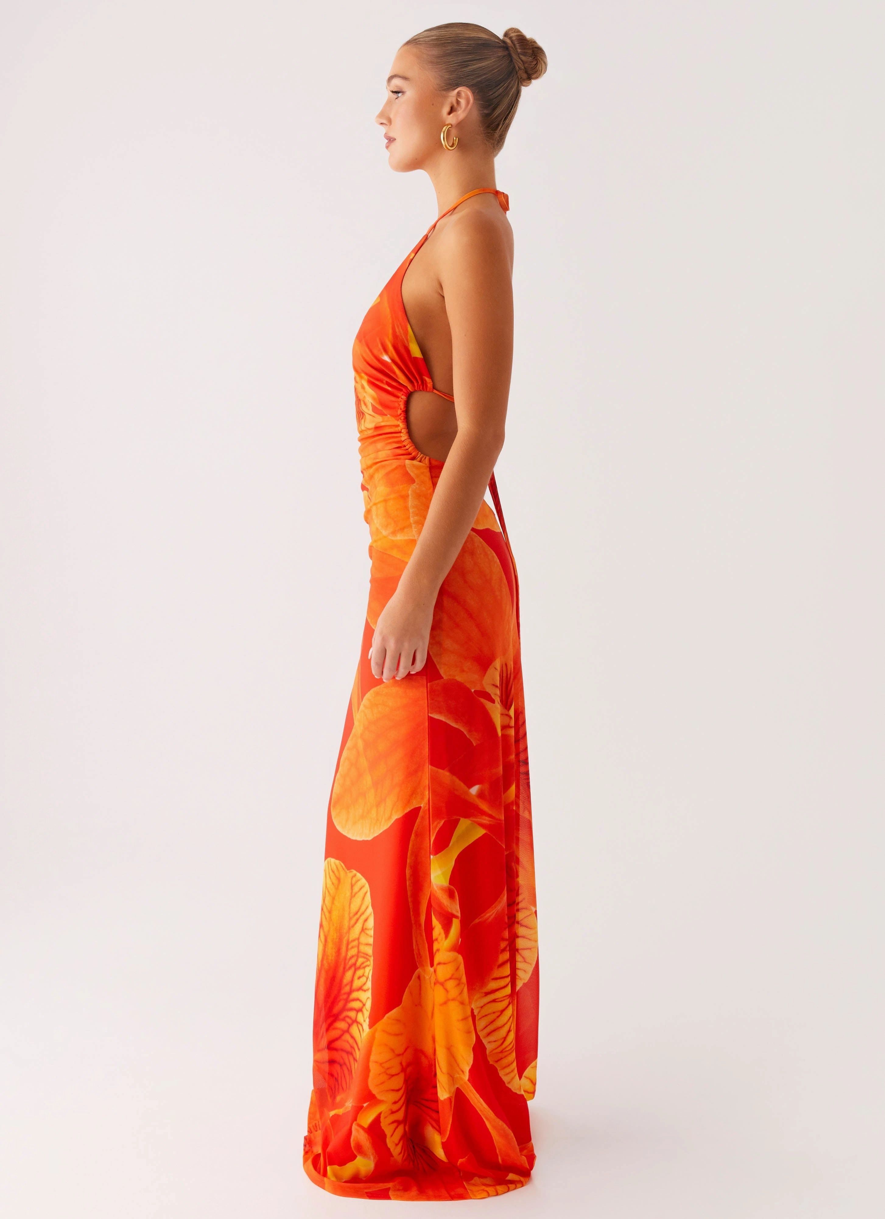 Palawan Mesh Maxi Dress - Orange Floral Lace-Trim