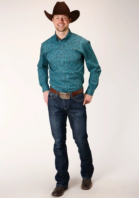 Roper Mens Blue 100% Cotton Agave Paisley BD L/S Btn Shirt Wrinkle-Free Moisture Wicking Layer