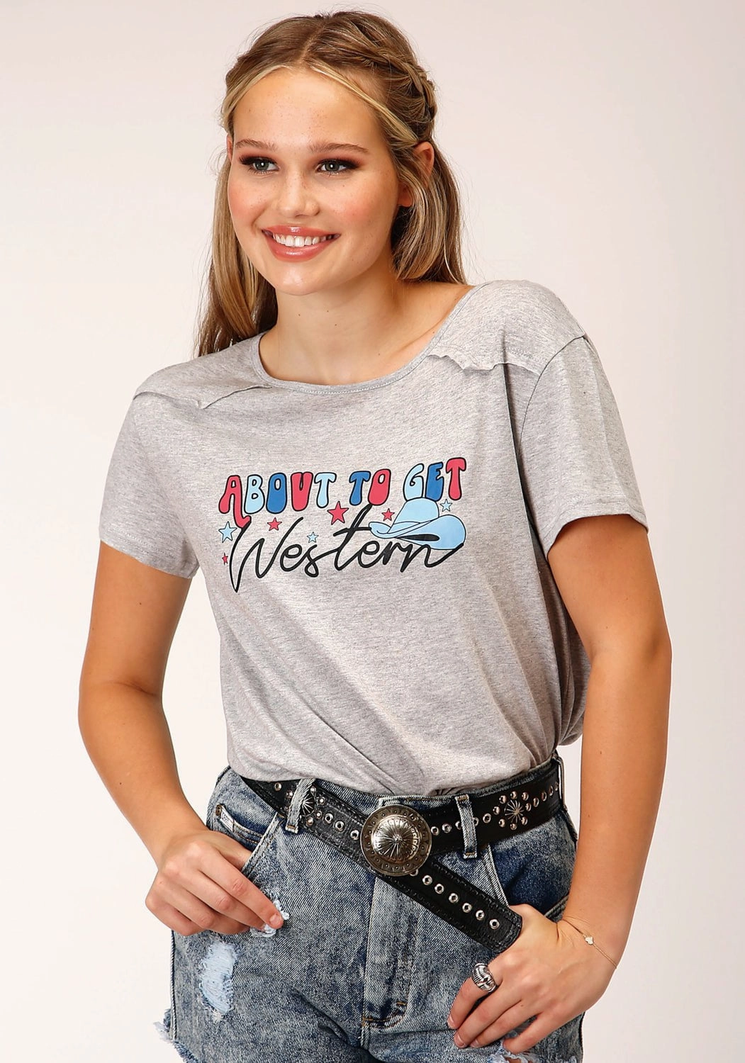 Roper Womens About To Get Western Grey Poly/Rayon S/S T-Shirt Coffee Run