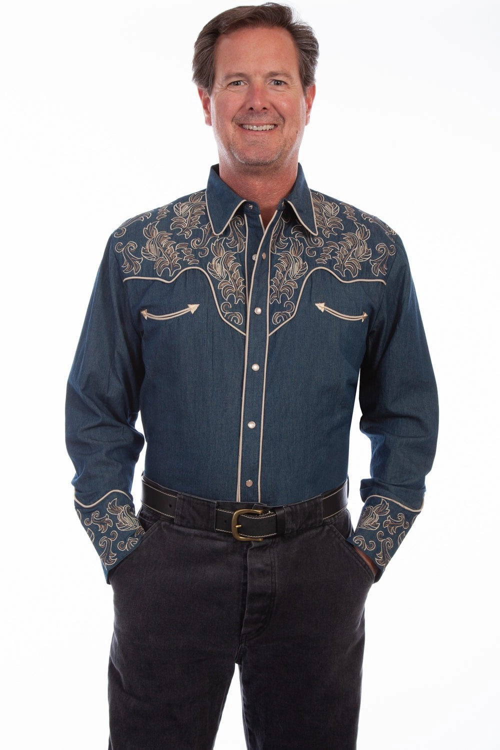 Flatlock stitching Resort Wear Scully Mens Denim 100% Cotton Leafy Scroll L/S Shirt