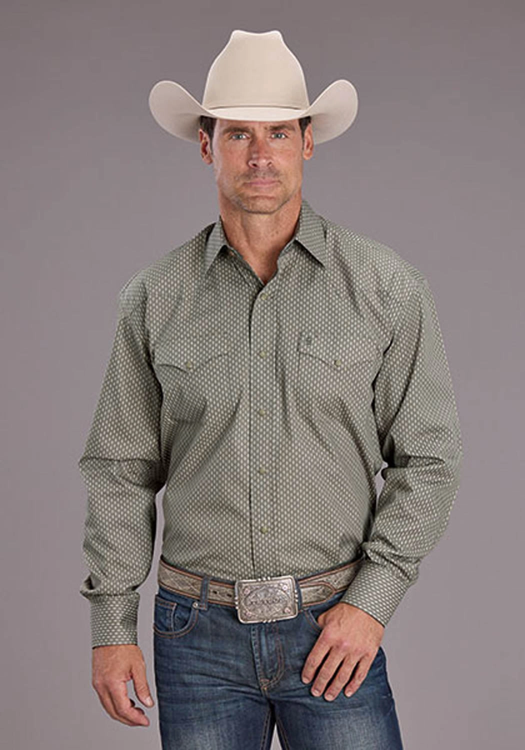 Hidden Placket Checkered Print Stetson Mens 2517 Smoke Diamonds Grey 100% Cotton L/S Shirt